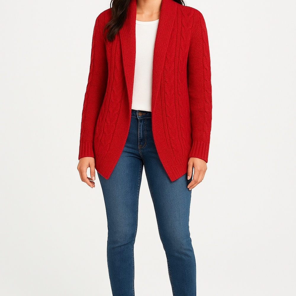 Red open front cable knit chunky Winter Wear sweater shawl collar Cardigan